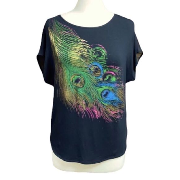 Bebe Black Peacock Feather Short Sleeve Top - Picture 1 of 7